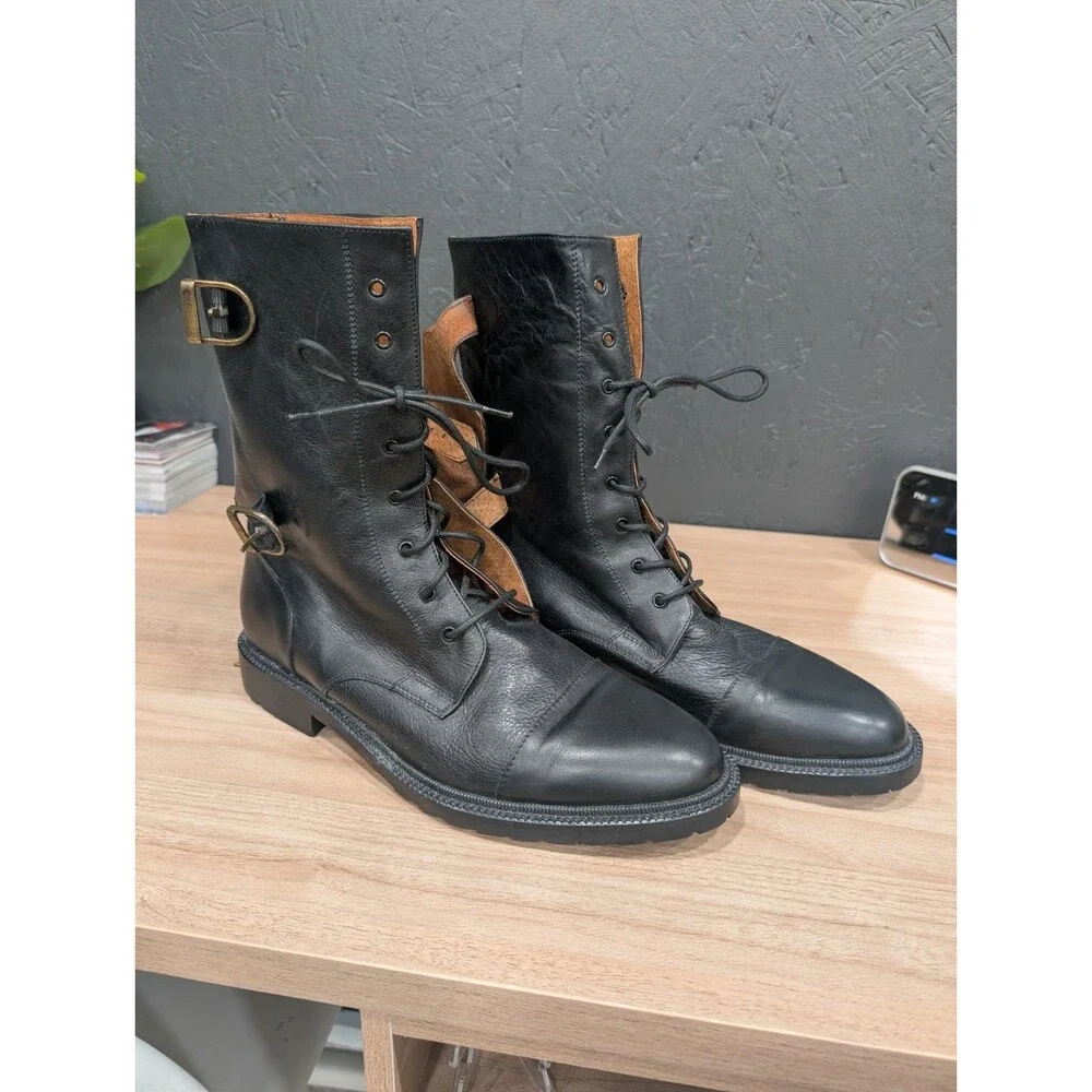 Michele Olivieri Leather Lace up Buckle Boots Men's Size 9 Black Made In Italy